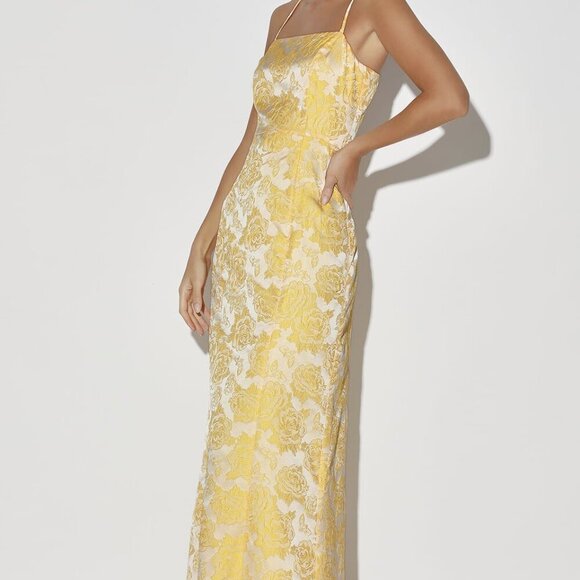 NWT Lulus Bright Blooms Champagne and Yellow Floral Jacquard Maxi Dress - Picture 3 of 10